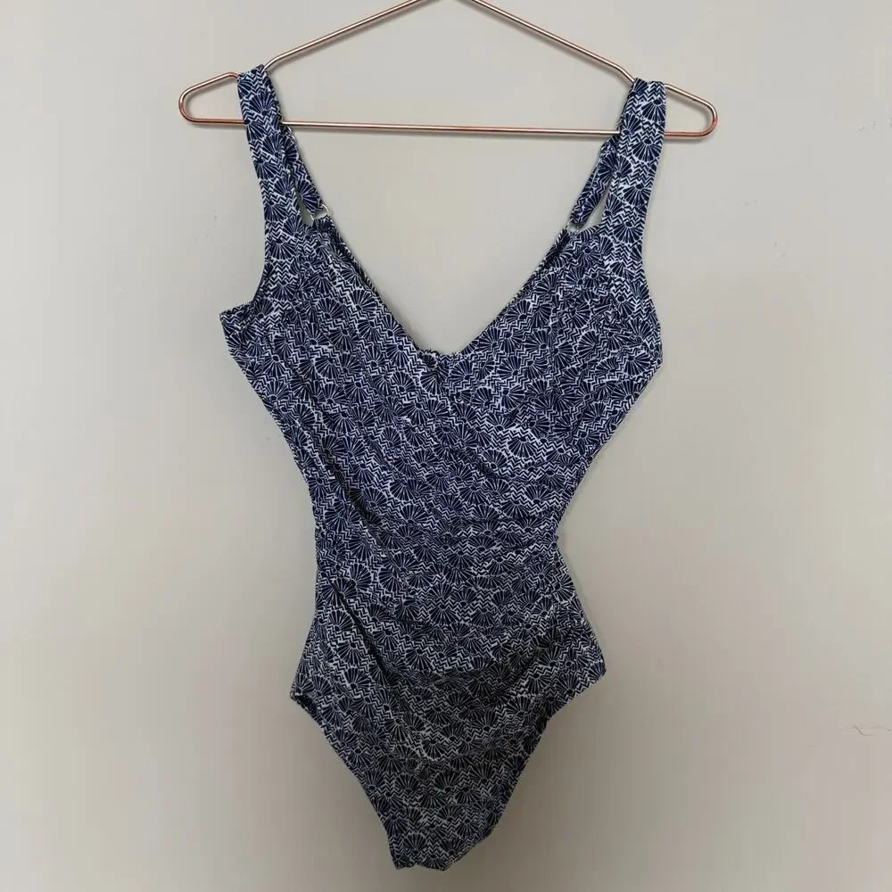 Miraclesuit Womens Sanibel One Piece Swimsuit Size 8 Blue Seashell Ruched Curvy